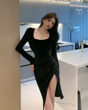 Fold velvet split spicegirl slim irregular dress for women