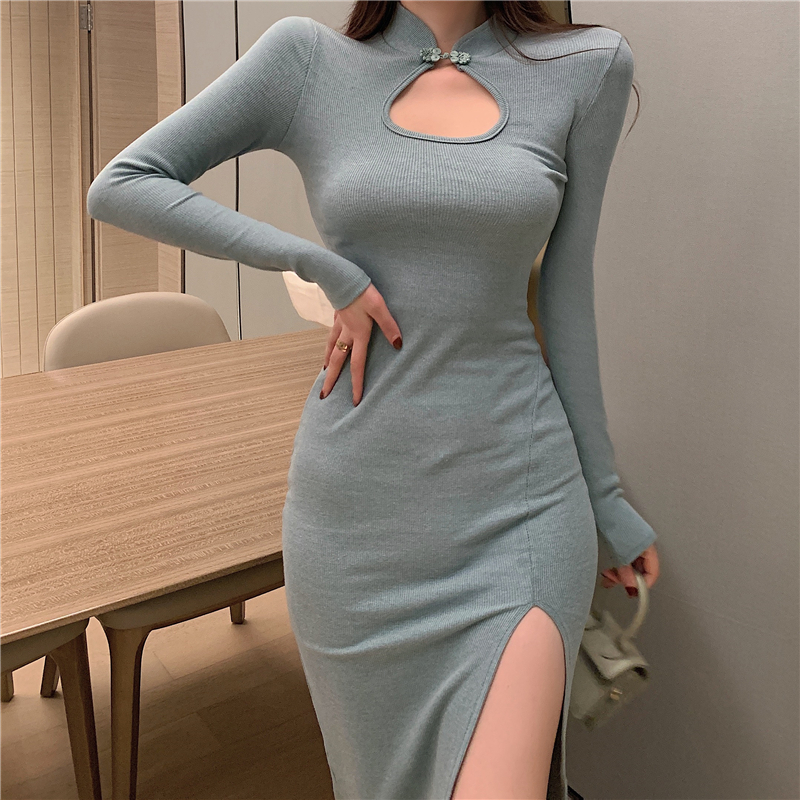 Slim split autumn long dress temperament sexy dress