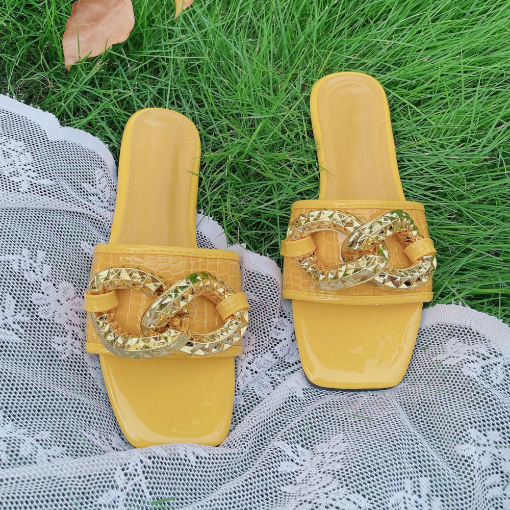 Square head summer flat metal buckles slippers for women
