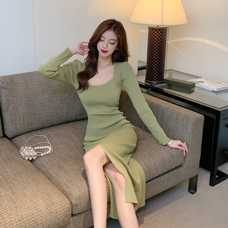 Split bottoming Korean style pure slim dress for women