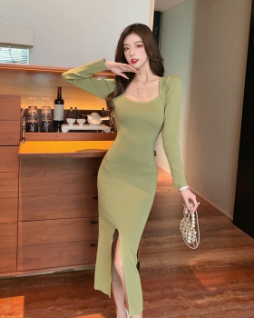 Split bottoming Korean style pure slim dress for women