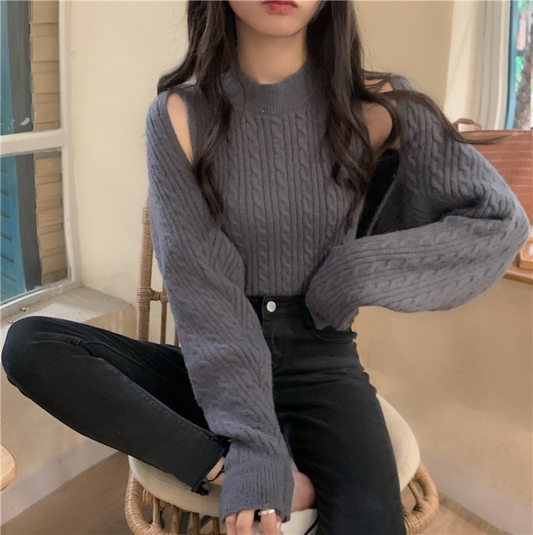 Sling loose long sleeve vest autumn knitted tops 2pcs set