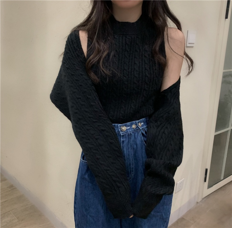 Sling loose long sleeve vest autumn knitted tops 2pcs set