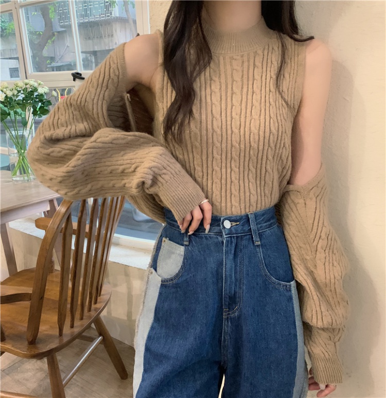 Sling loose long sleeve vest autumn knitted tops 2pcs set