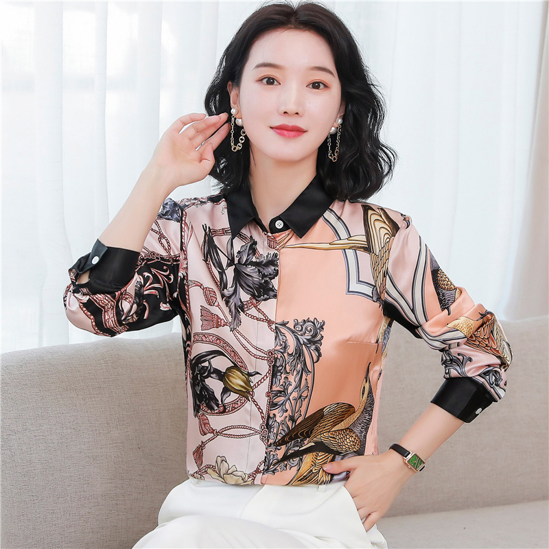 Silk autumn long sleeve printing real silk shirt for women