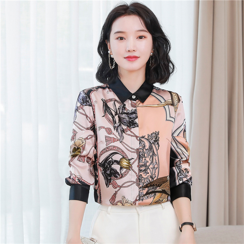 Silk autumn long sleeve printing real silk shirt for women