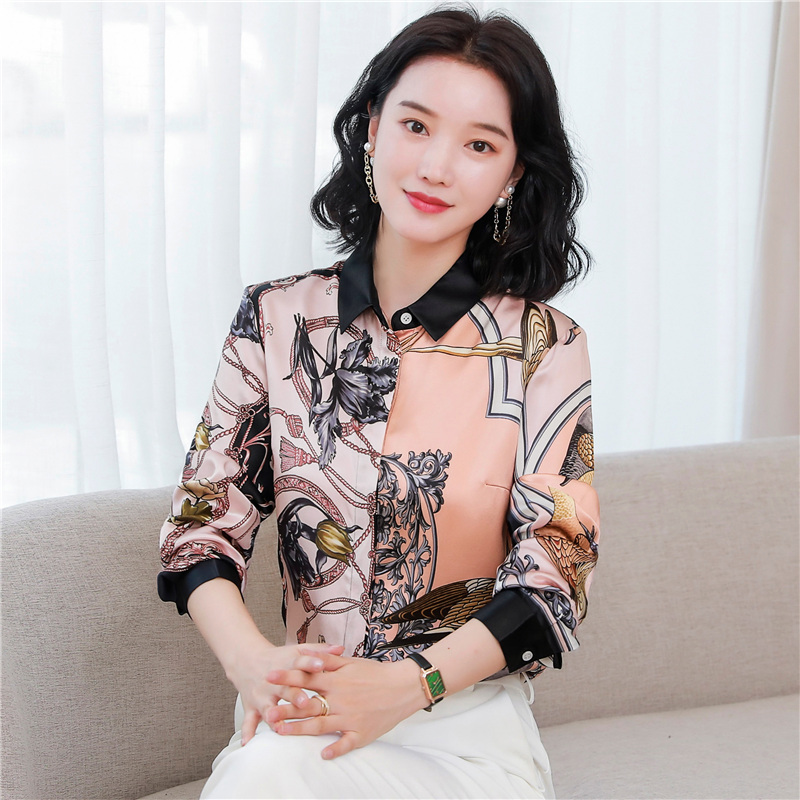 Silk autumn long sleeve printing real silk shirt for women