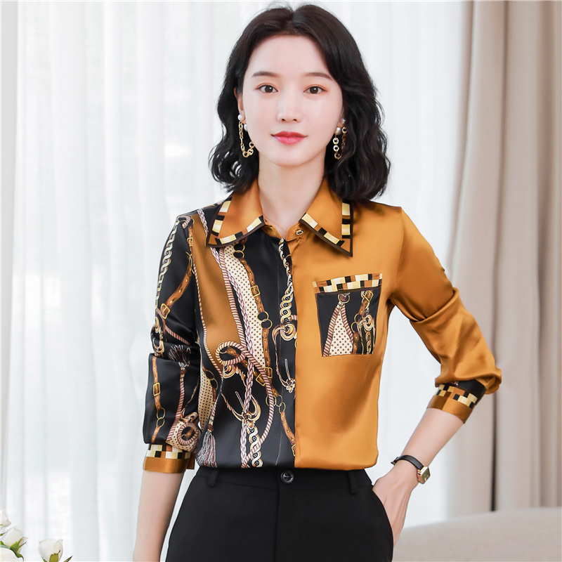 Autumn long sleeve printing tops loose silk shirt for women