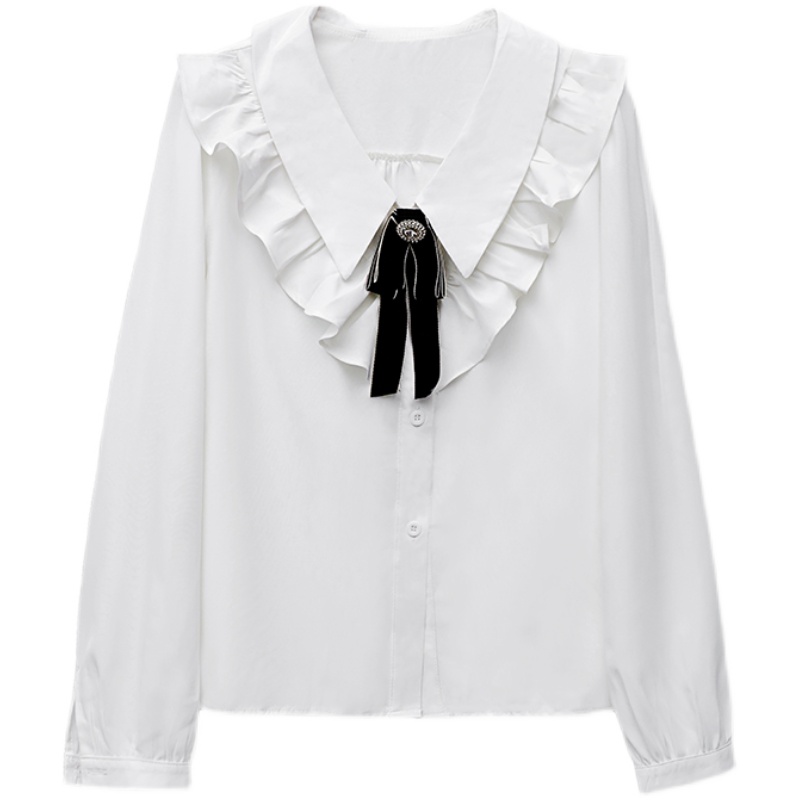 White lotus leaf edges long sleeve doll collar shirt for women