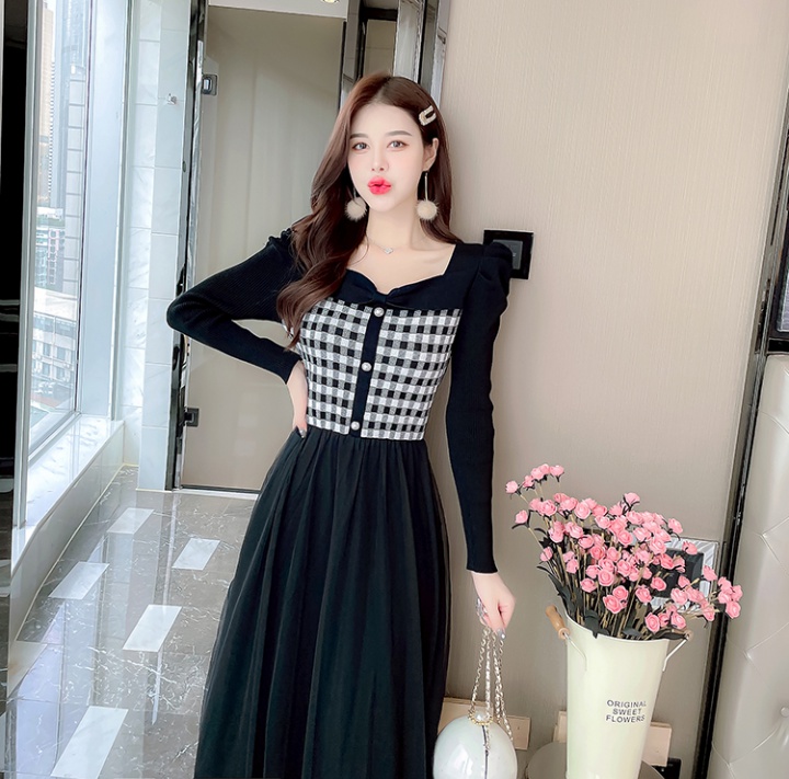 Plaid autumn and winter knitted gauze dress for women