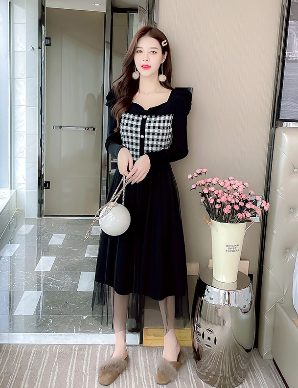 Plaid autumn and winter knitted gauze dress for women