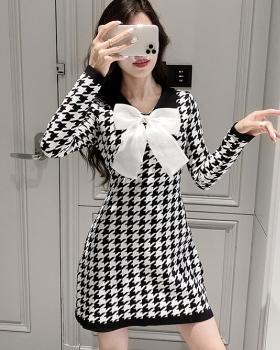 Houndstooth bow T-back classic dress for women
