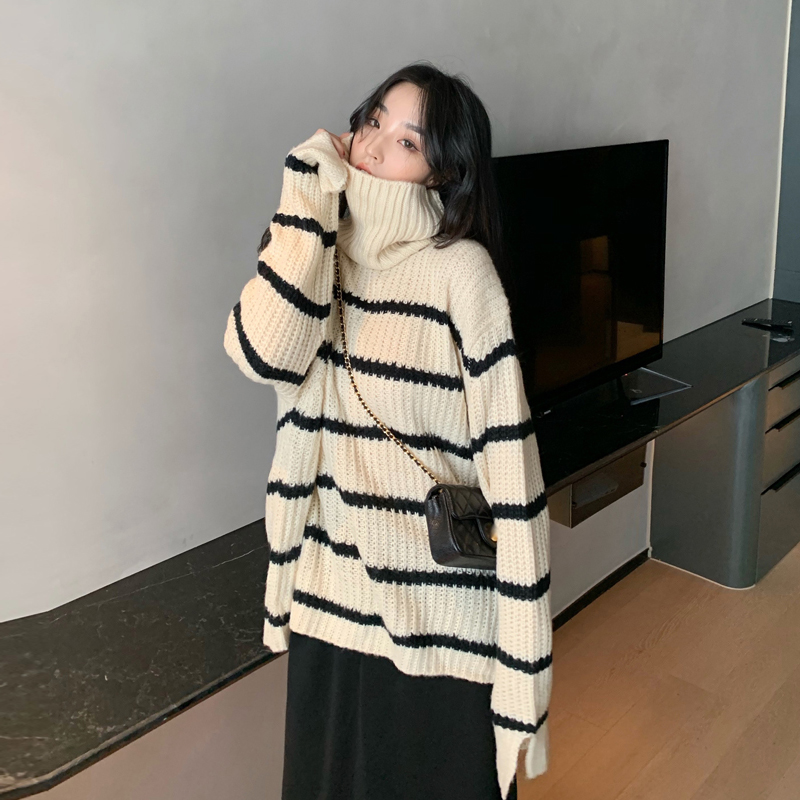 Lazy stripe high collar all-match sweater for women