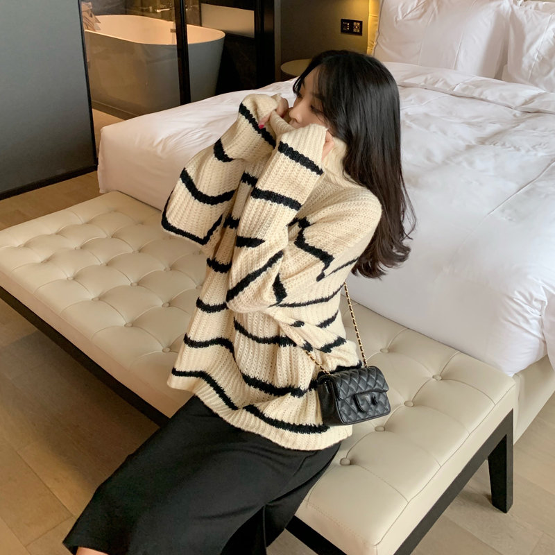 Lazy stripe high collar all-match sweater for women