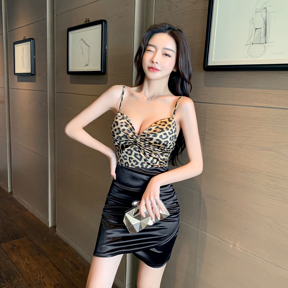 Mixed colors splice bottoming sling leopard sexy tight dress