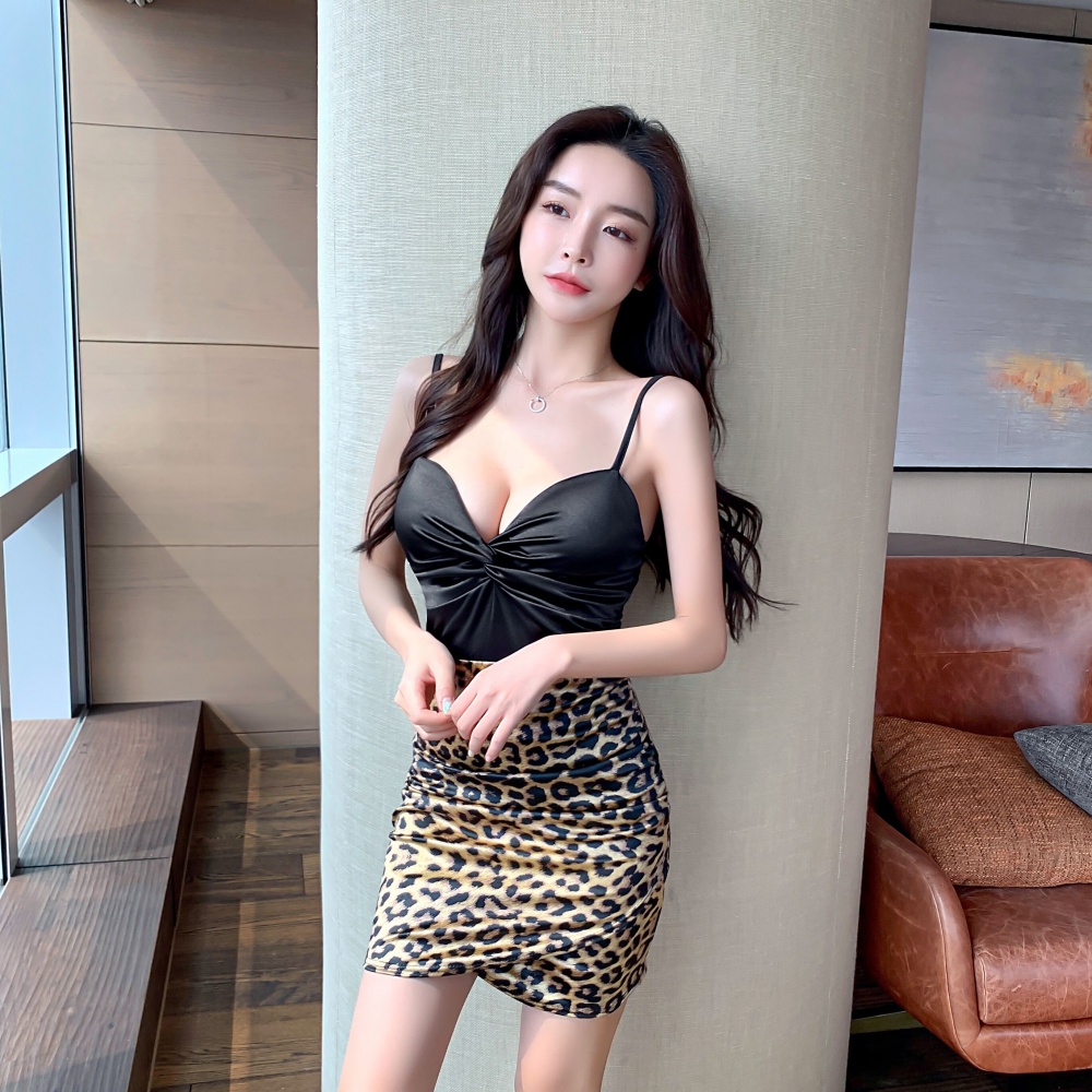 Mixed colors splice bottoming sling leopard sexy tight dress