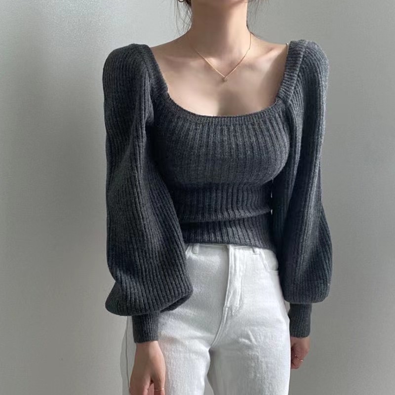 Long sleeve bottoming sweater square collar tops