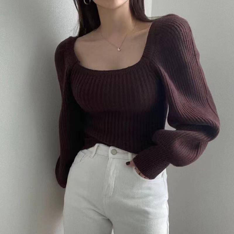 Long sleeve bottoming sweater square collar tops
