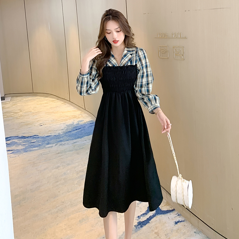Pseudo-two plaid dress bottoming autumn business suit