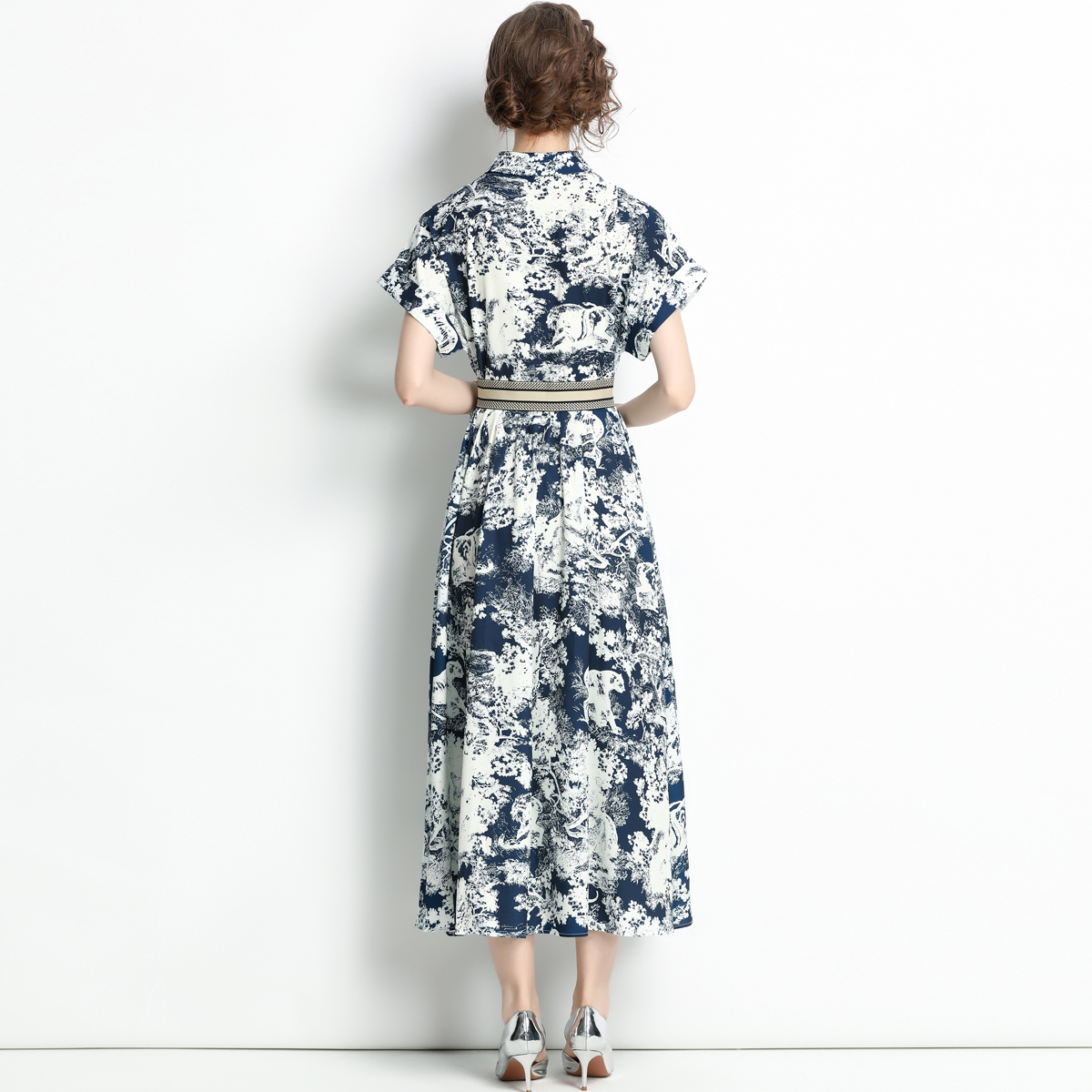 Lapel pattern summer short sleeve with belt dress for women