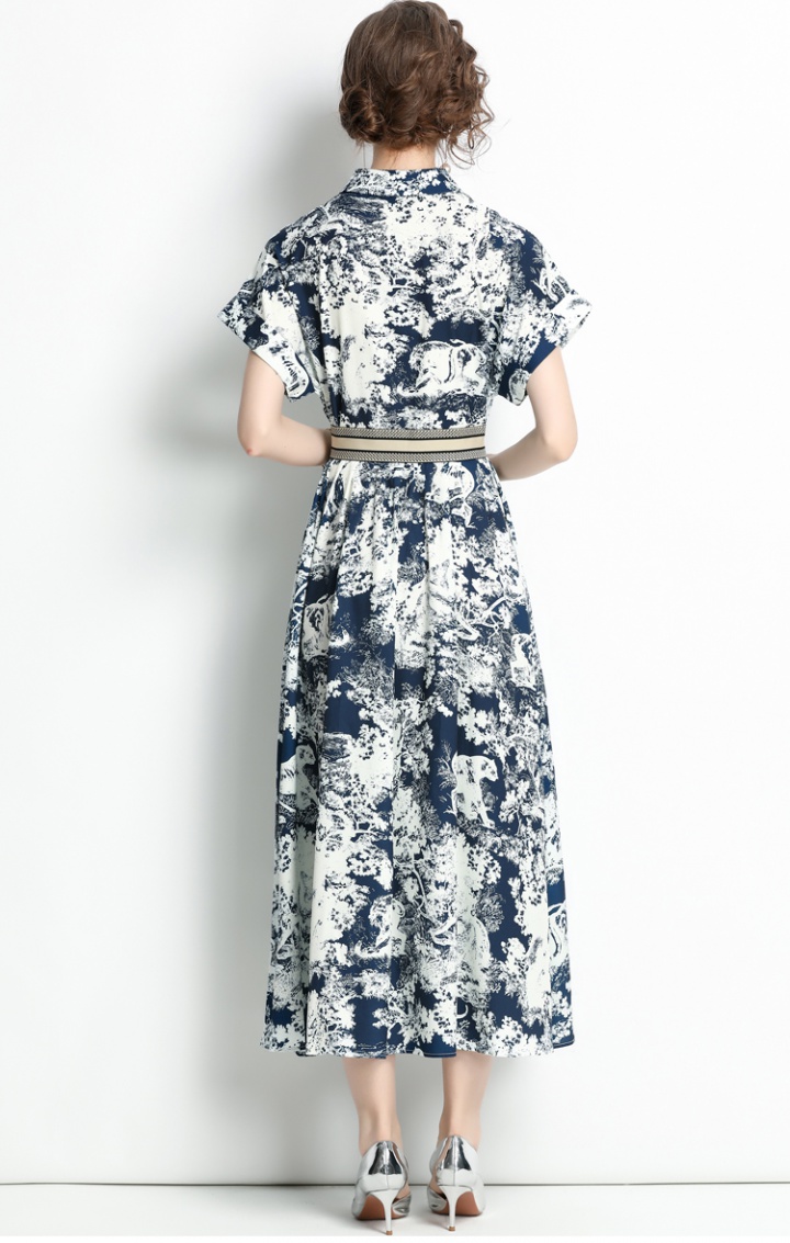 Lapel pattern summer short sleeve with belt dress for women