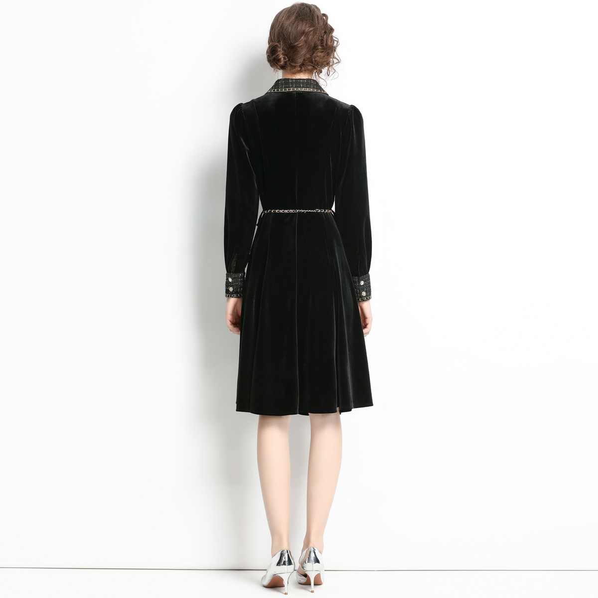 Autumn long pinched waist dress velvet with belt coat