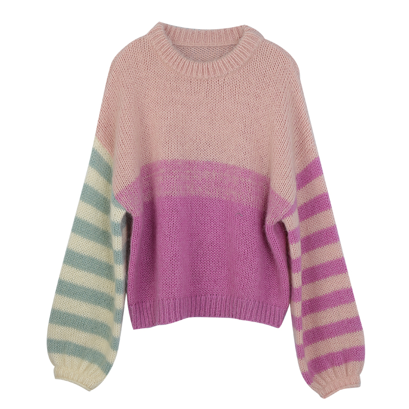 Rainbow stripe mohair wears outside lazy sweater for women