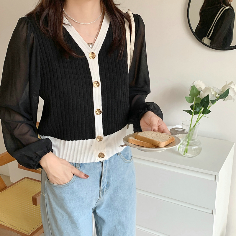 Knitted splice long sleeve cardigan chiffon loose tops