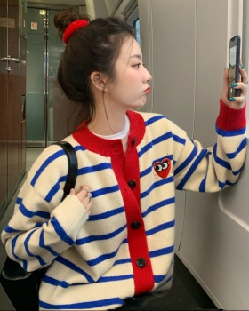 Stripe heart coat mixed colors sweater for women