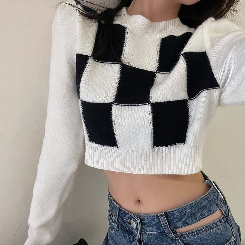 Unique short tops Korean style long sleeve sweater for women