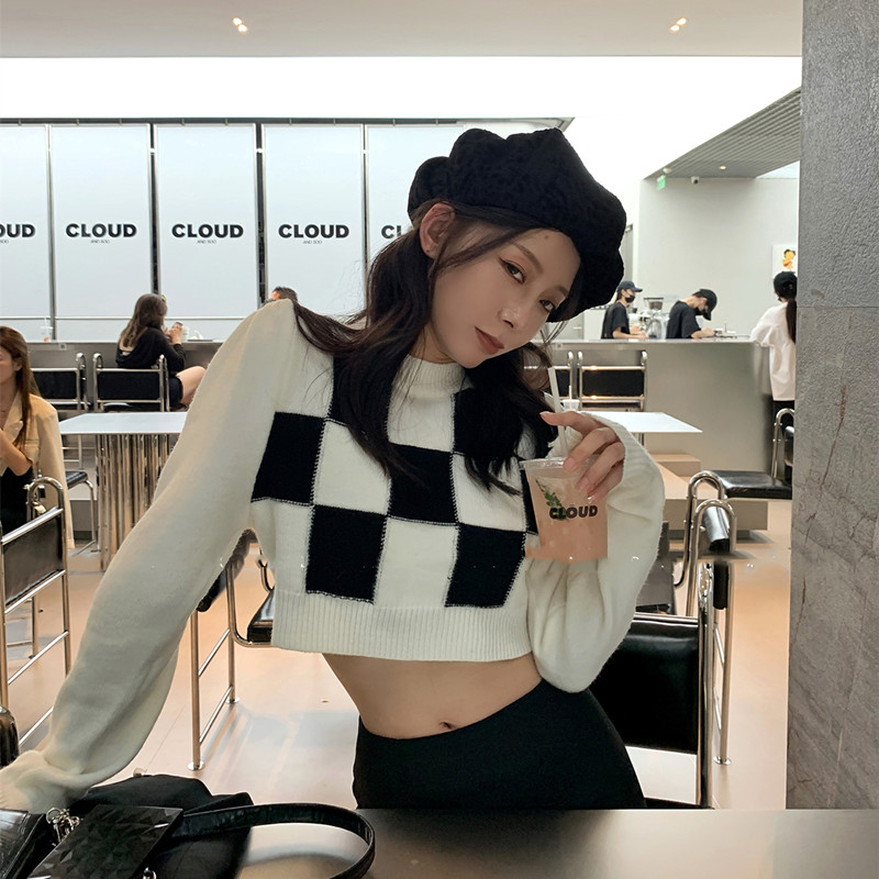 Unique short tops Korean style long sleeve sweater for women