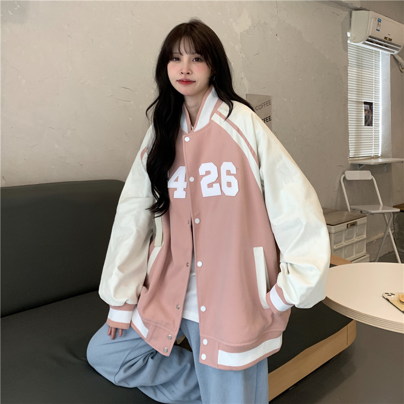 Letters autumn loose coat pink embroidery baseball uniforms