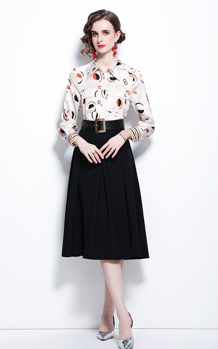 With belt printing skirt fashion shirt 2pcs set for women