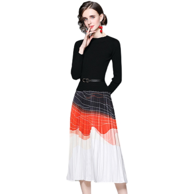 Knitted splice temperament long dress fashion slim dress