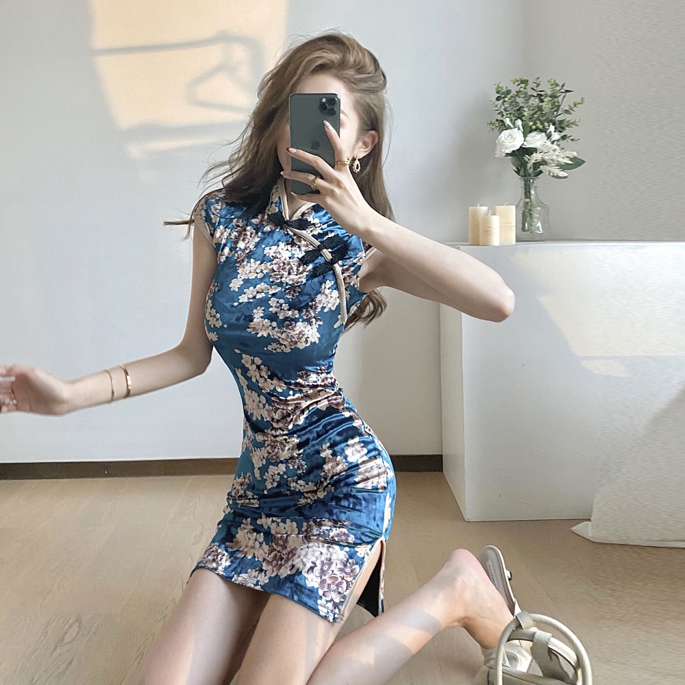 Tight short Chinese style retro printing maiden cheongsam