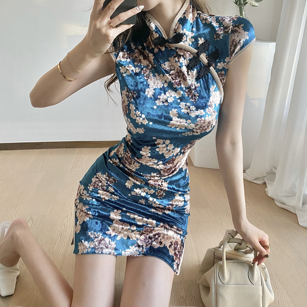 Tight short Chinese style retro printing maiden cheongsam