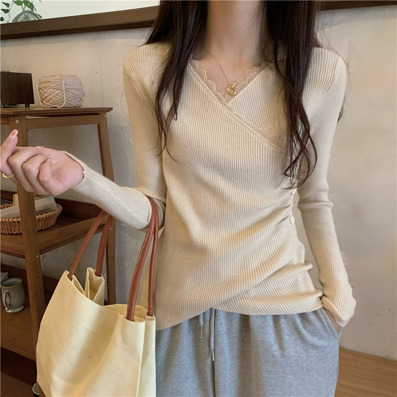 Bottoming V-neck pullover all-match lace sweater