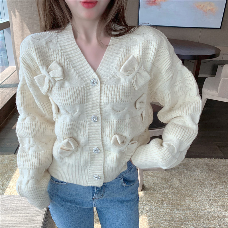 Bow loose lazy tops V-neck short sweater for women