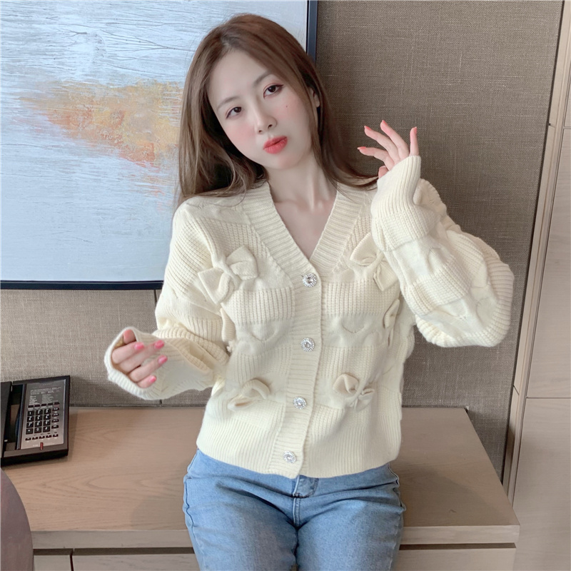 Bow loose lazy tops V-neck short sweater for women