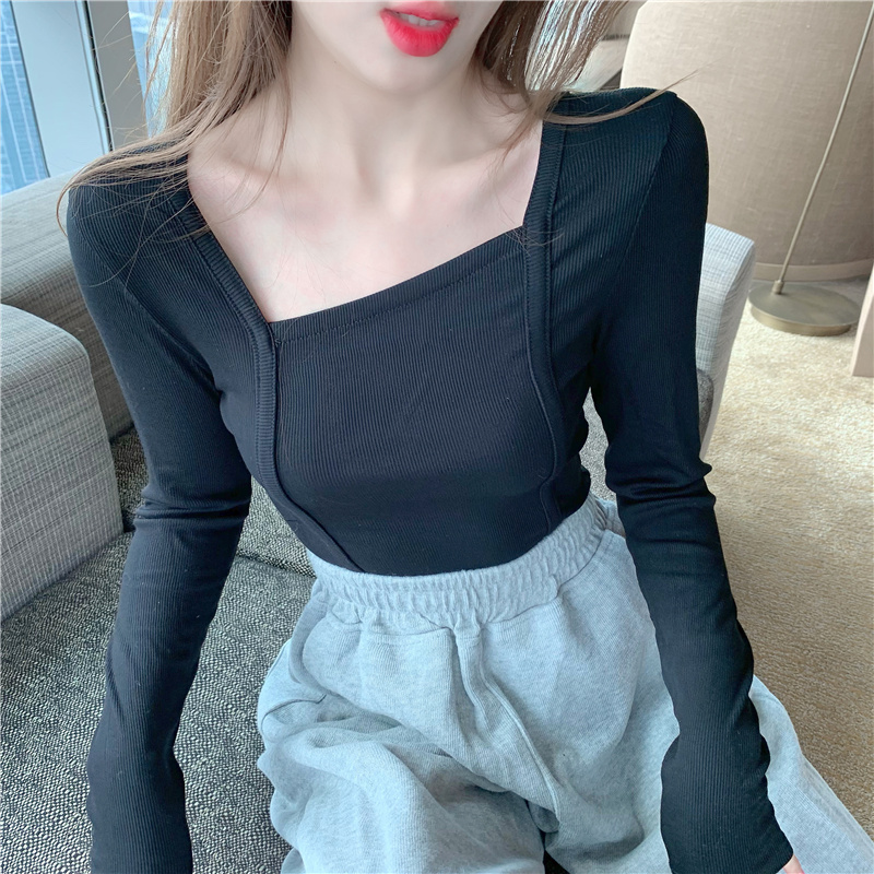 Retro autumn bottoming shirt irregular collar T-shirt