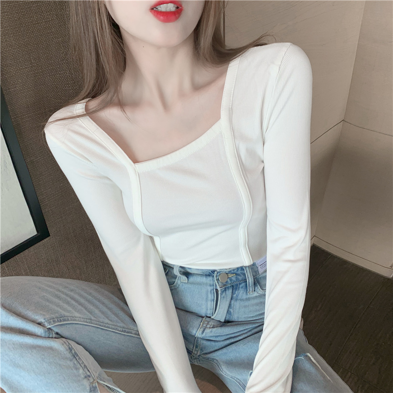 Retro autumn bottoming shirt irregular collar T-shirt