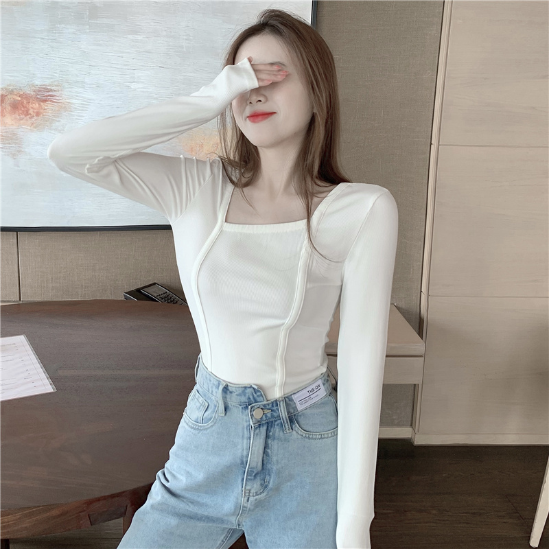 Retro autumn bottoming shirt irregular collar T-shirt