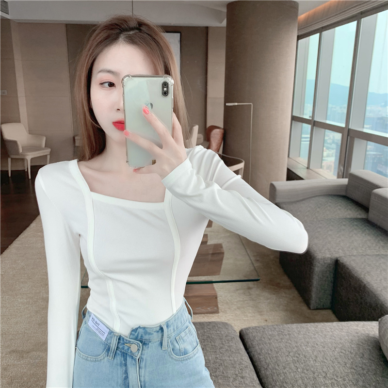 Retro autumn bottoming shirt irregular collar T-shirt