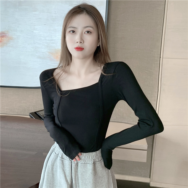 Retro autumn bottoming shirt irregular collar T-shirt