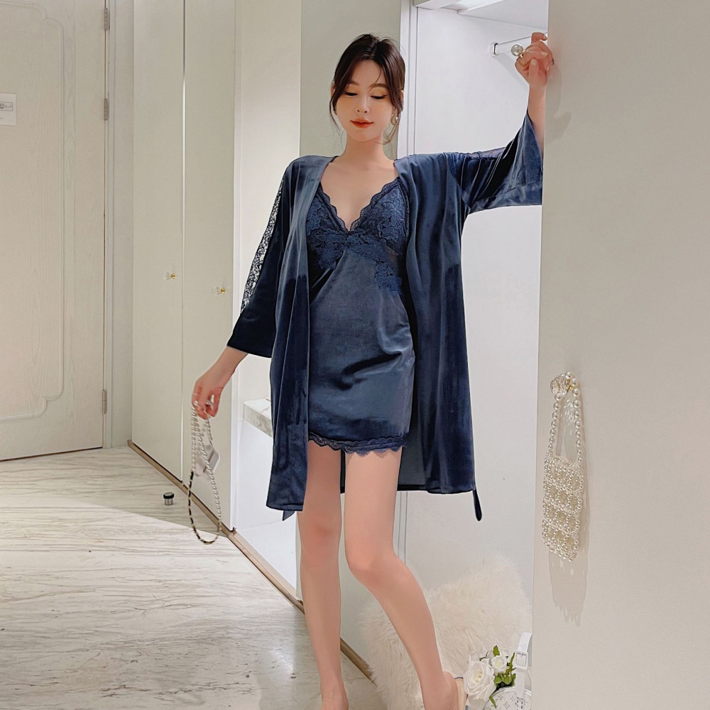 Sling pajamas autumn and winter nightgown 2pcs set for women