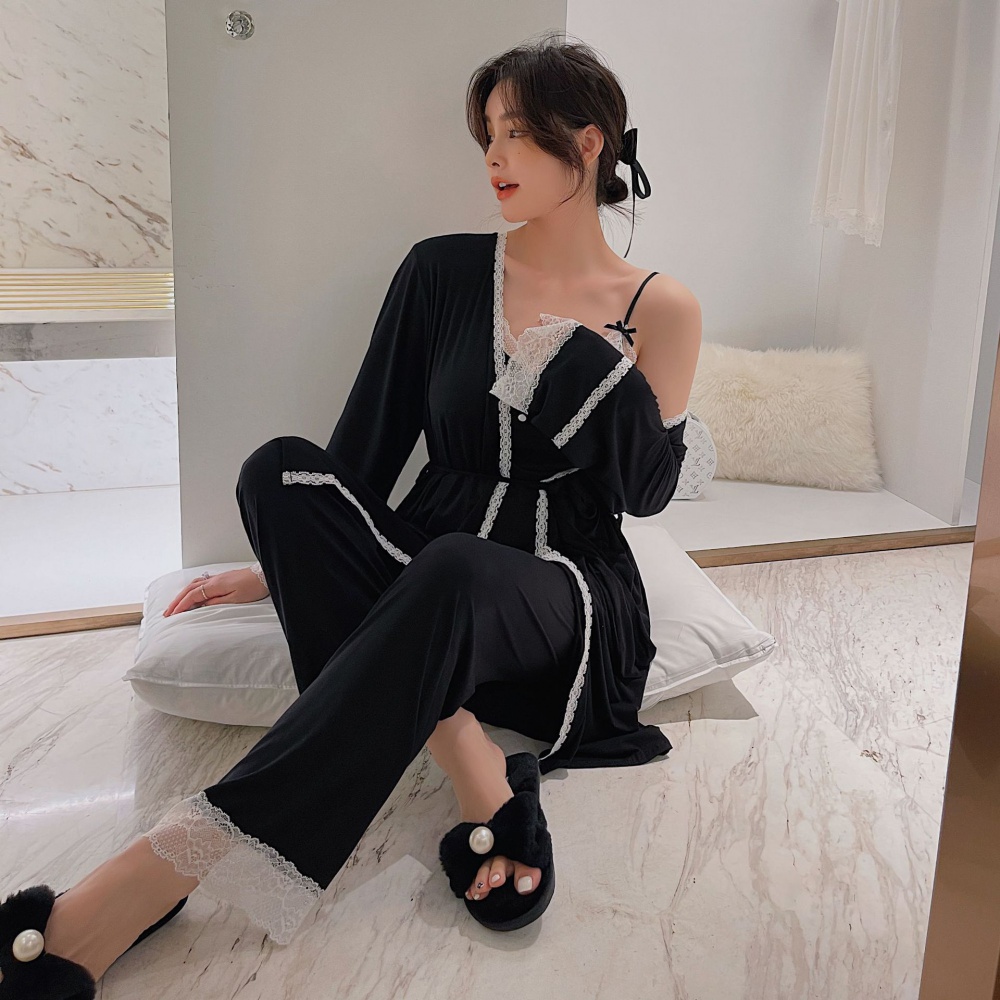 Cotton modal pajamas autumn sling nightgown 3pcs set