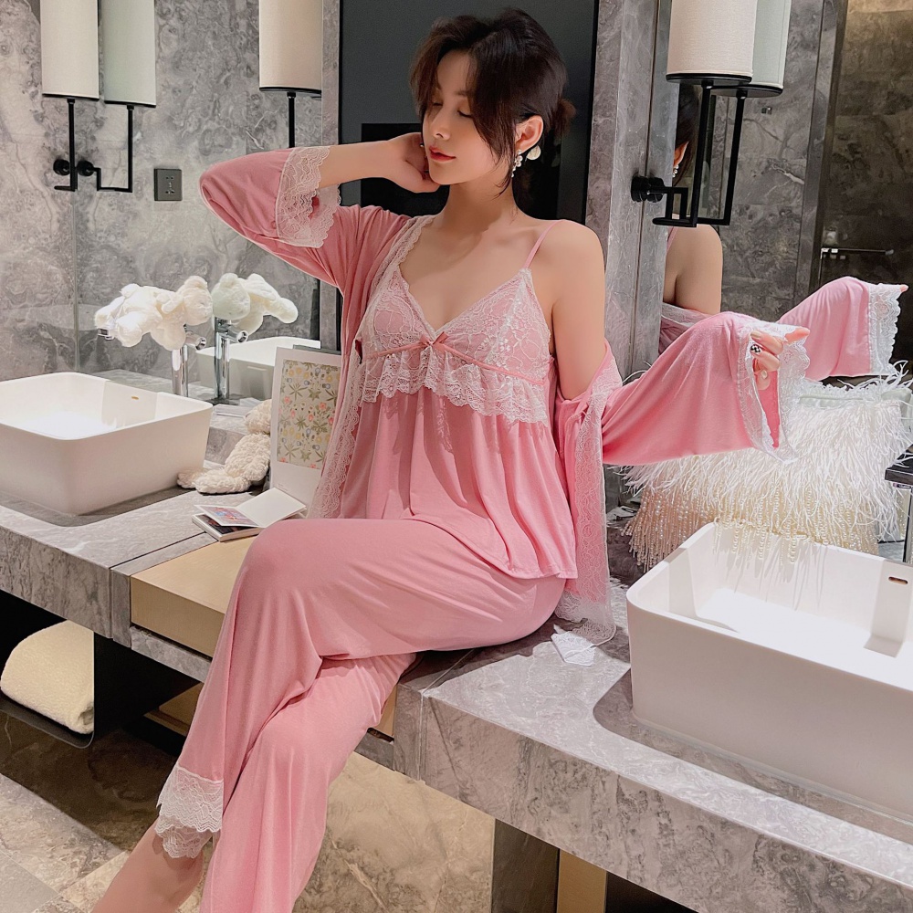 Lace pajamas long sleeve nightgown 3pcs set for women