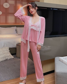 Lace pajamas long sleeve nightgown 3pcs set for women