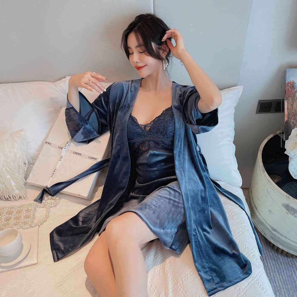Lace sexy pajamas long sleeve nightgown 2pcs set for women