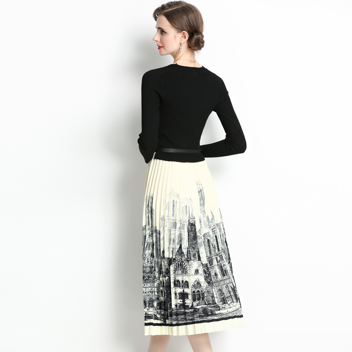 Pleated knitted splice mixed colors dress